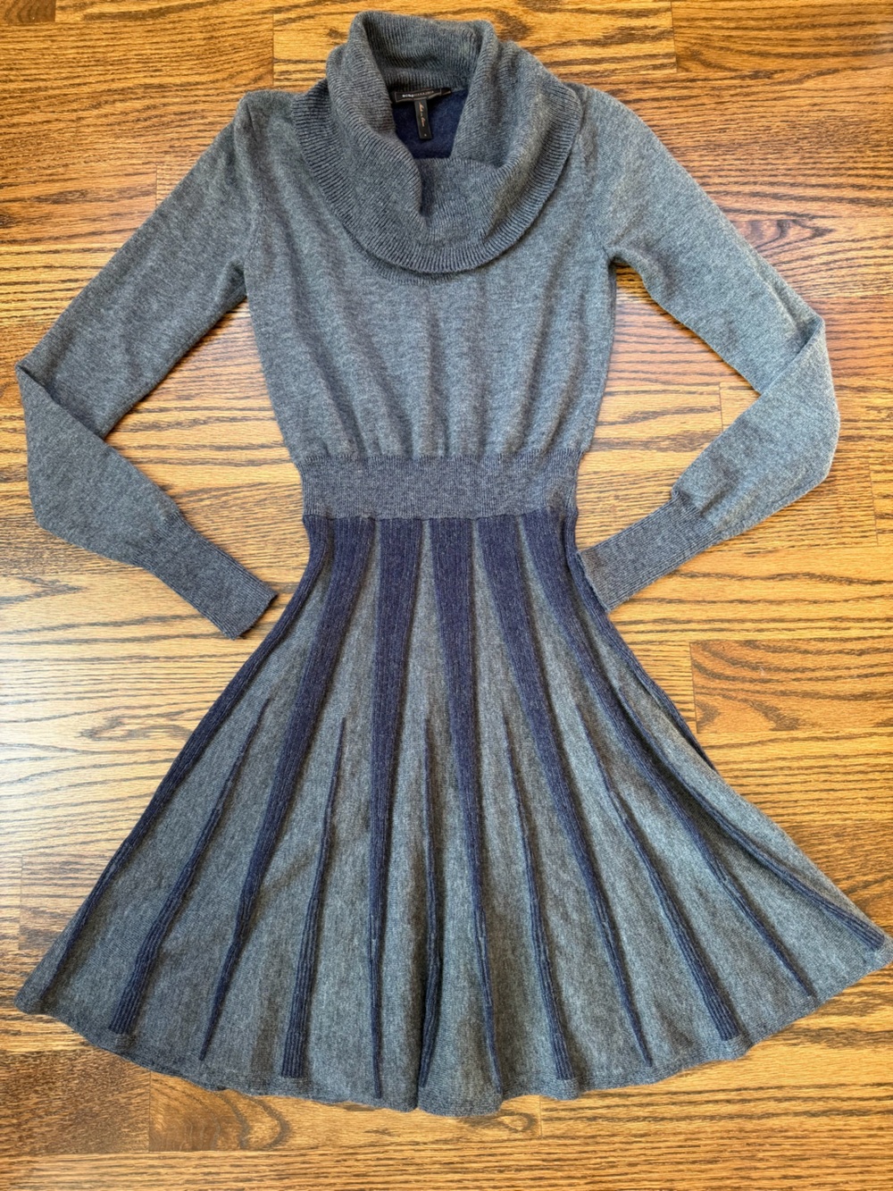 BCBGMaxAzria Gray and Navy Long-Sleeve Cowl-Neck Pleated Fit-and-Flare Dress